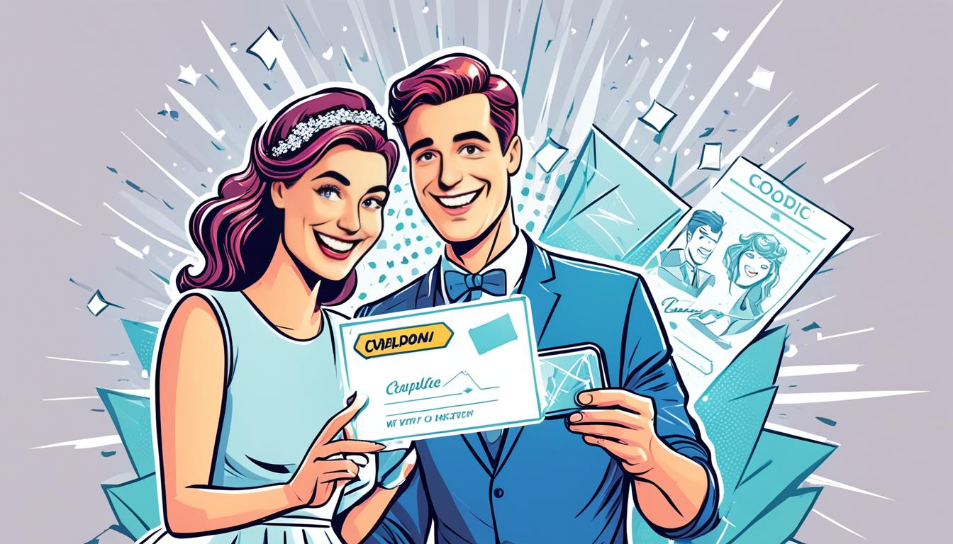 Pasangan bahagia menerima amplop digital pernikahan di smartphone